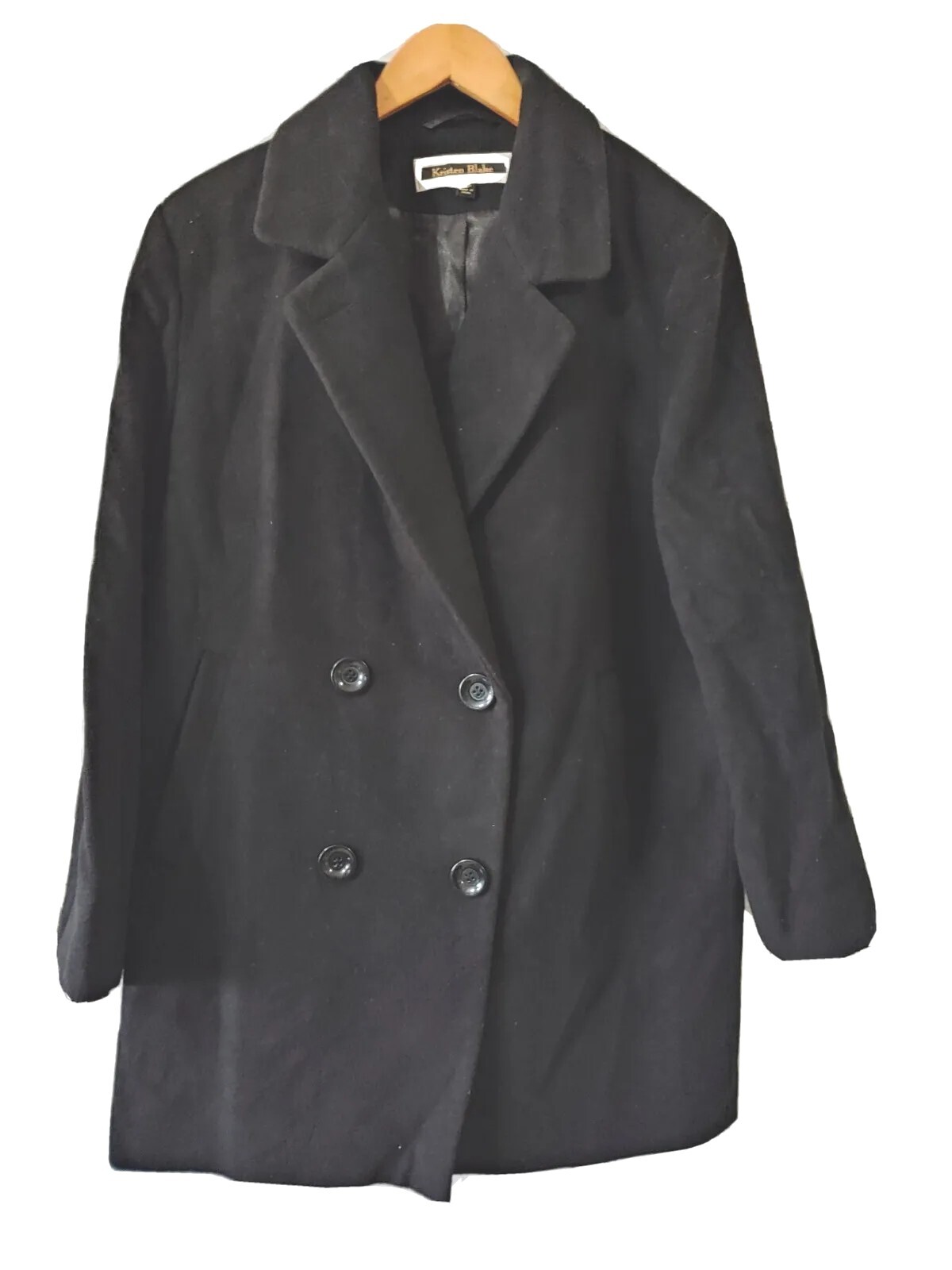 Kristen Blake Jacket Womens 12P Black Wool Blend Double Breasted Pea Coat Pocket