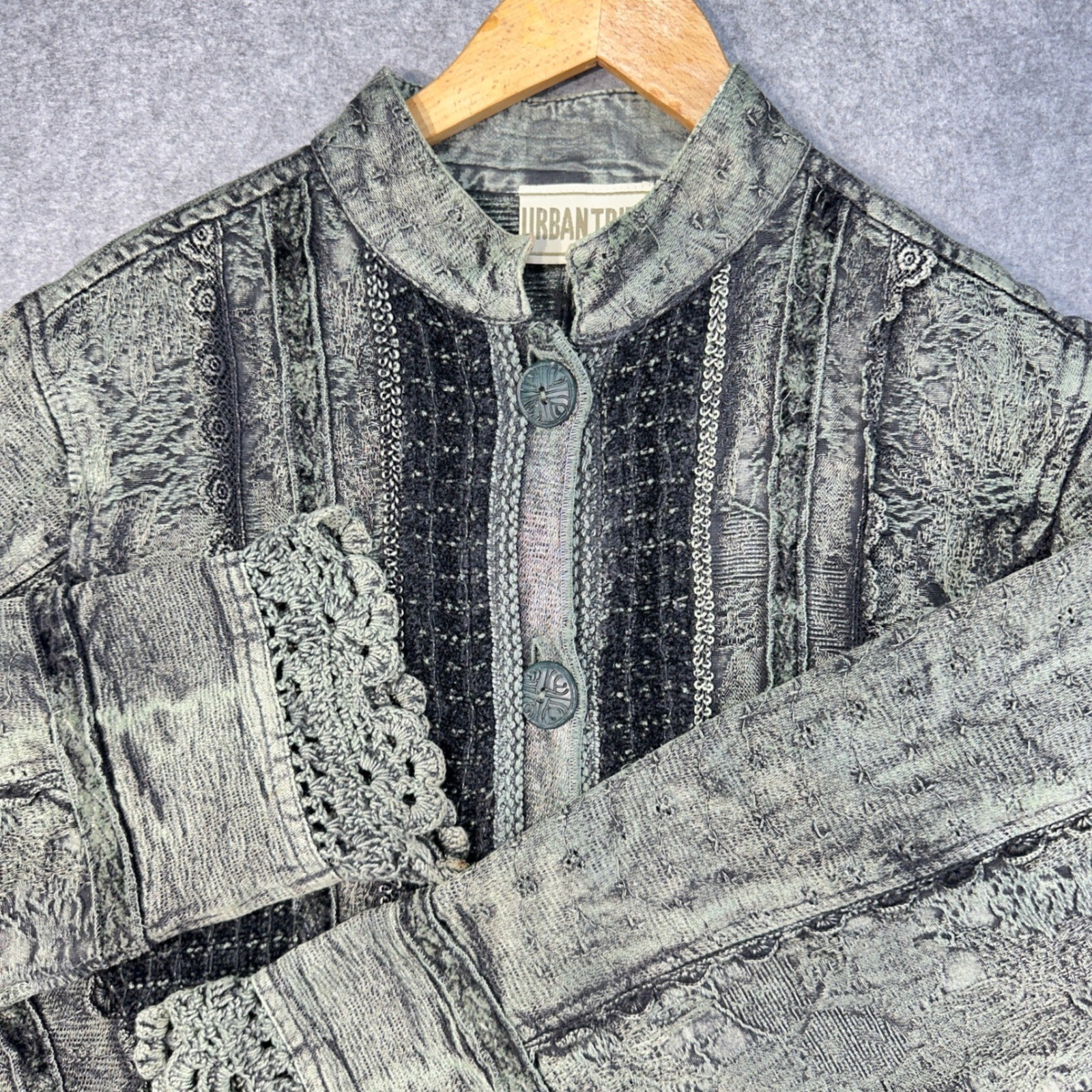 Boho Patchwork Jacket Crochet Trim Textured Artsy Lagenlook Festival Women’s L