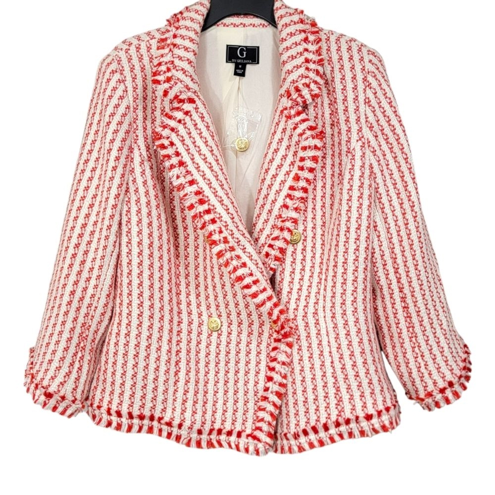 G By Giuliana Tweed Blood Orange White Fringe Houndstooth Spring Blazer Med NWOT