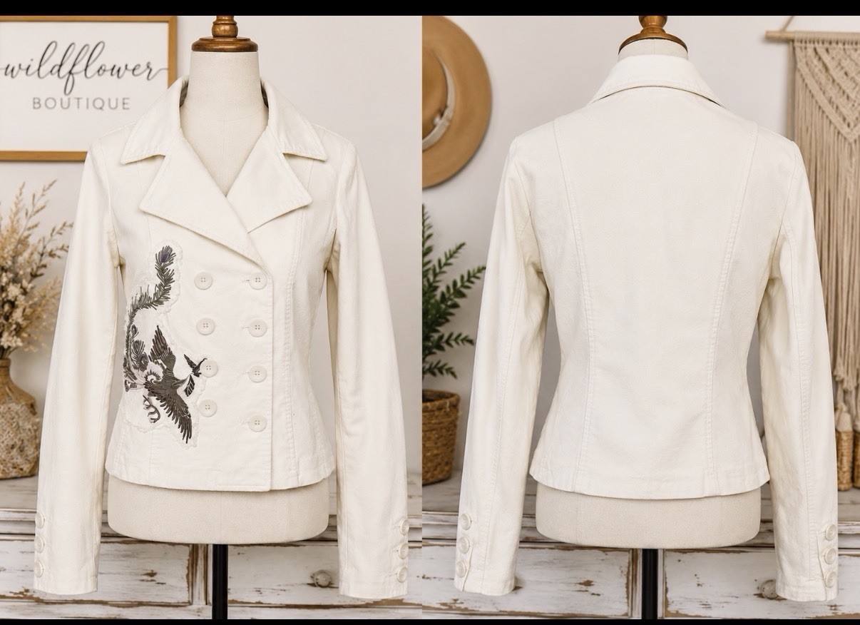 Aziz Ivory Embroidered Peacoat Jacket, Button Closure, Collared, Short M