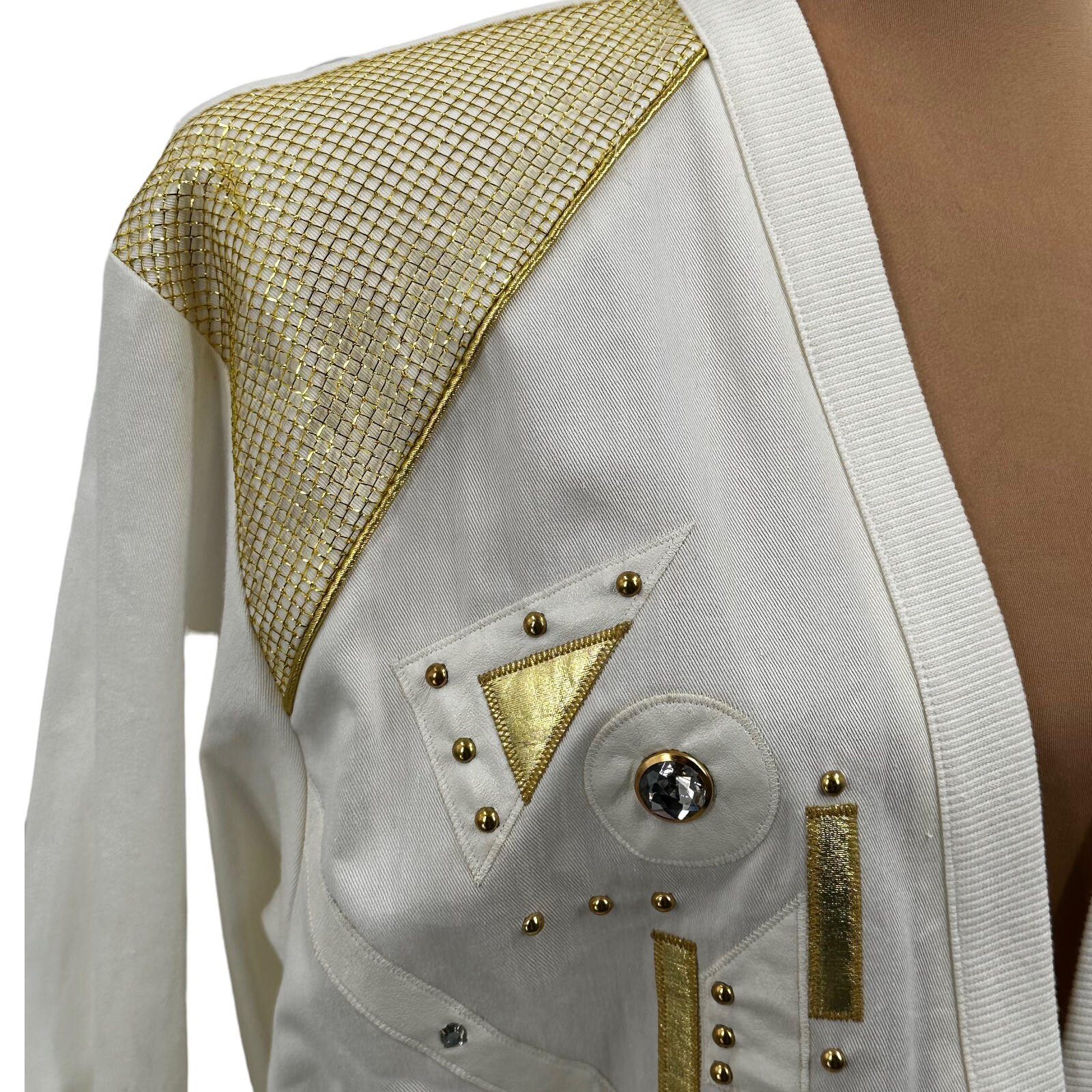 80s City Girl Sport Button Up V-Neck Jacket White Metallic Gold 10 Vintage USA