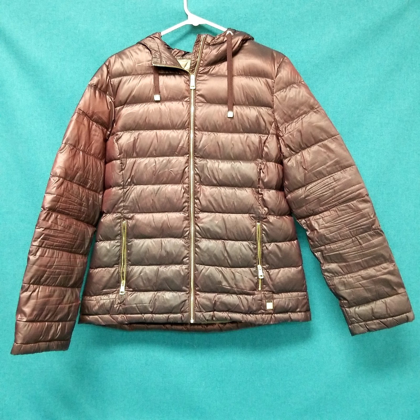 Andrew Marc Maroon Lightweight Packable Duck Down Hooded Puffer Jacket Women’s L