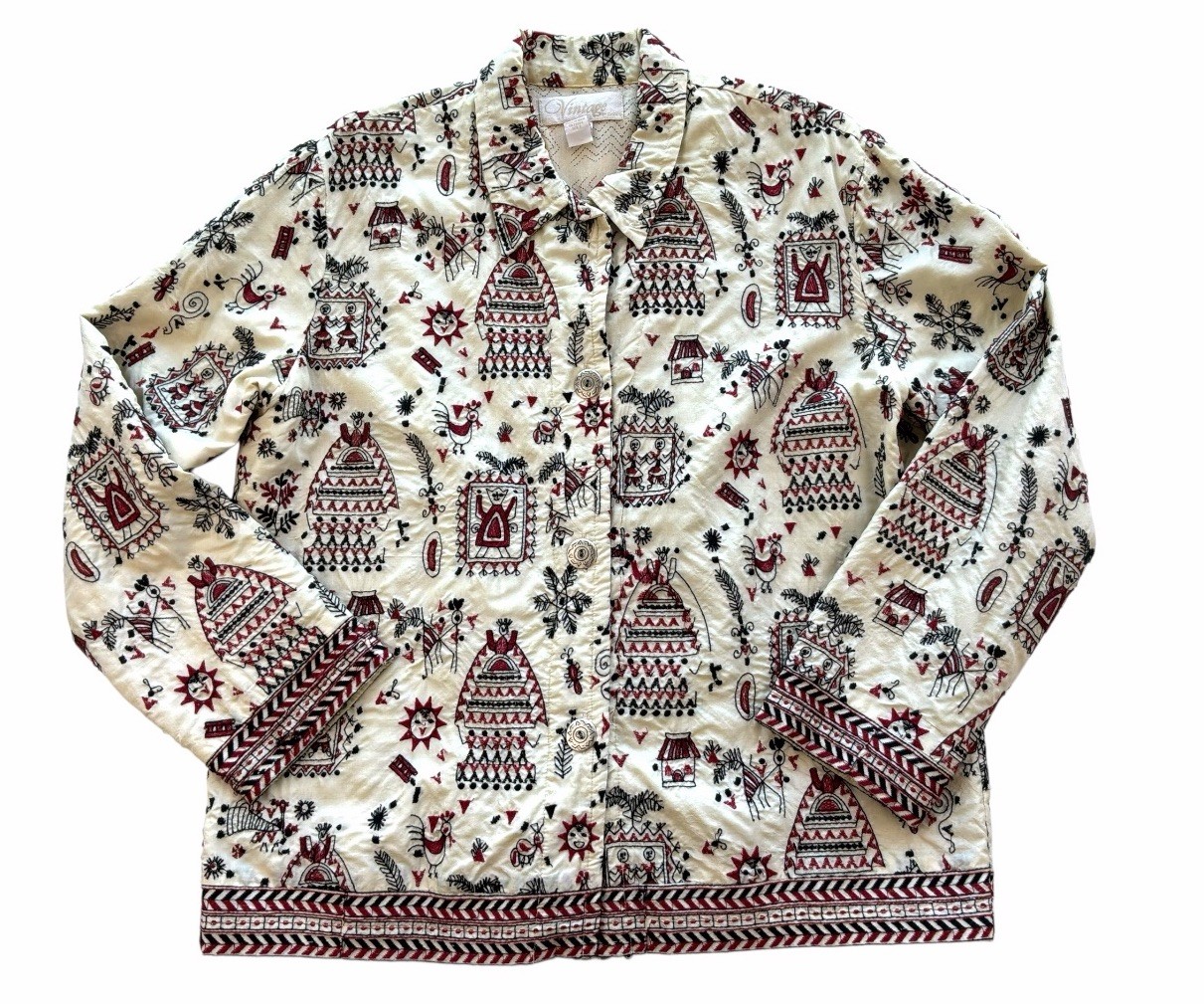 Vintage By Chicos 100% Silk Tribal motif Button Up Jacket Size 2