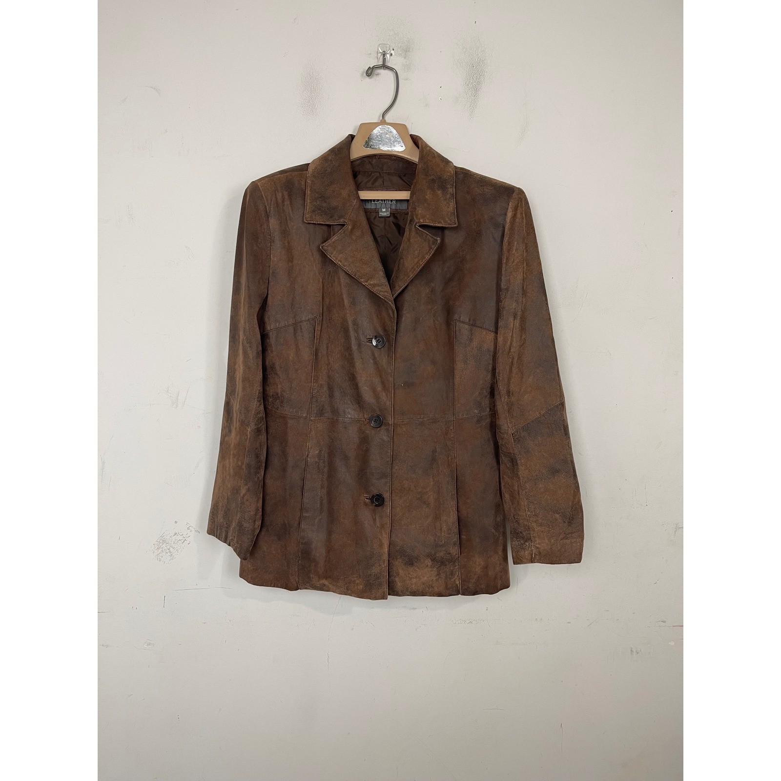 Wilsons Leather Brown Distressed Blazer Jacket Womens Medium 3 Button RN 69426