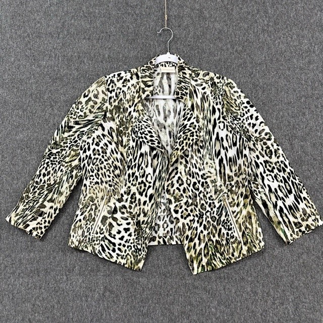 Chicos Jacket Womens Size 1 Medium Animal Print Linen Moto Blazer Leopard Open