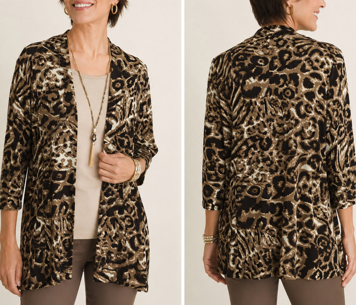 Chico’s Travelers Open Front Jacket Sz XL / 3 Petite? Brown Animal Print Stretch