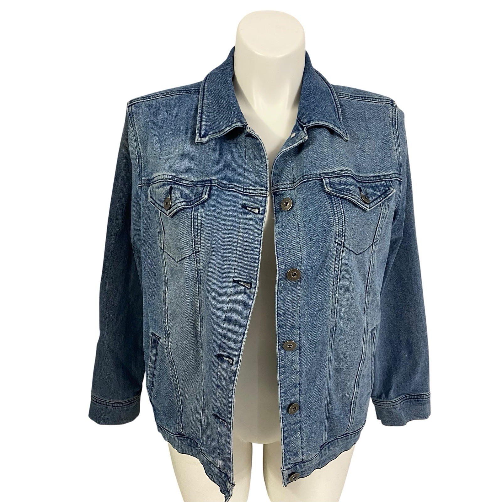 Christian Denim Jacket Womens XL Religious Church Pastor Patchwork Art Upcycled