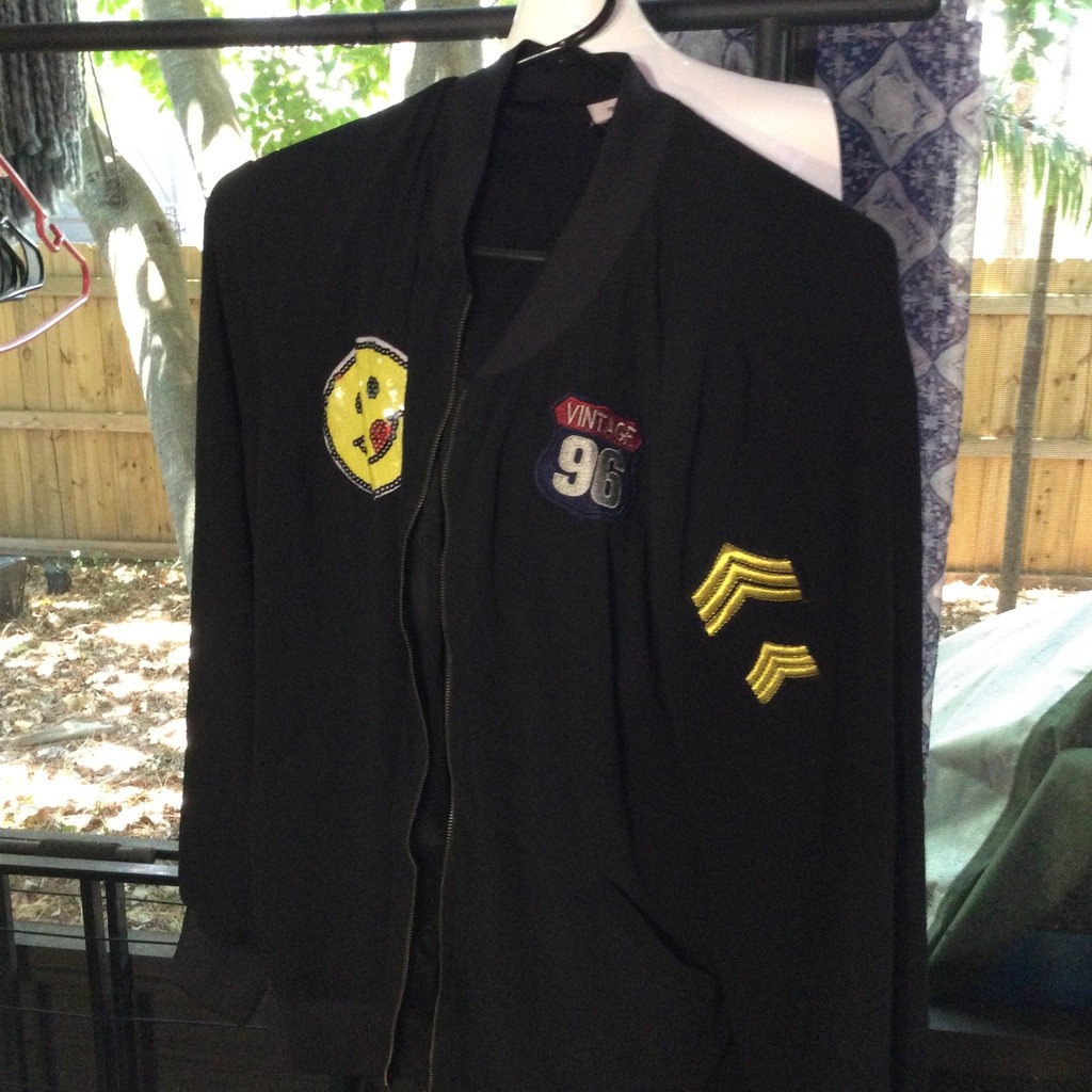 Women’s Monteau Black Bomber Jacket with Patches Plus 1X
