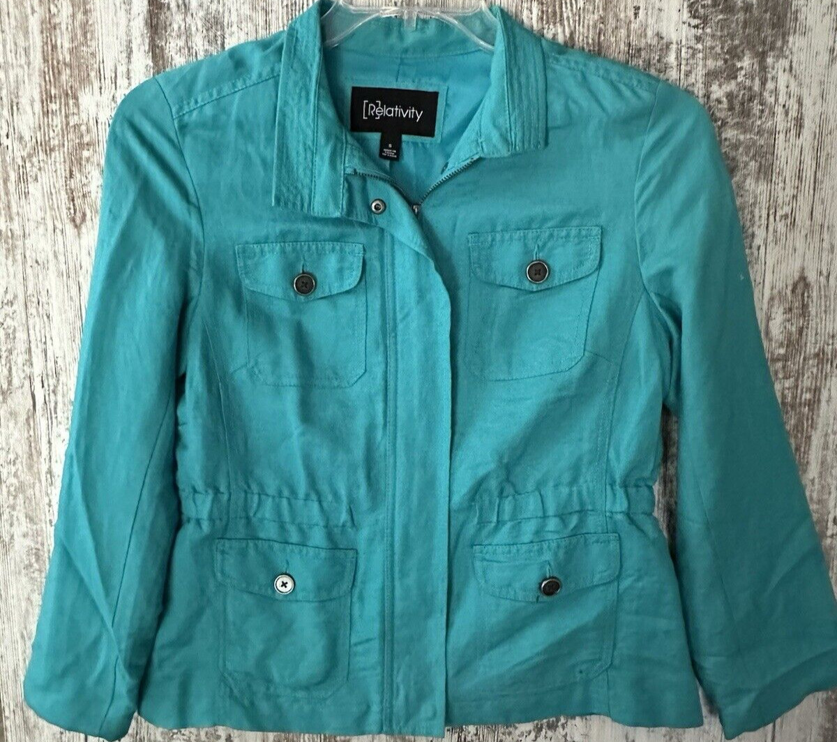 RELATIVITY Women’s Size S Turquoise Linen Blend Zip Front Jacket