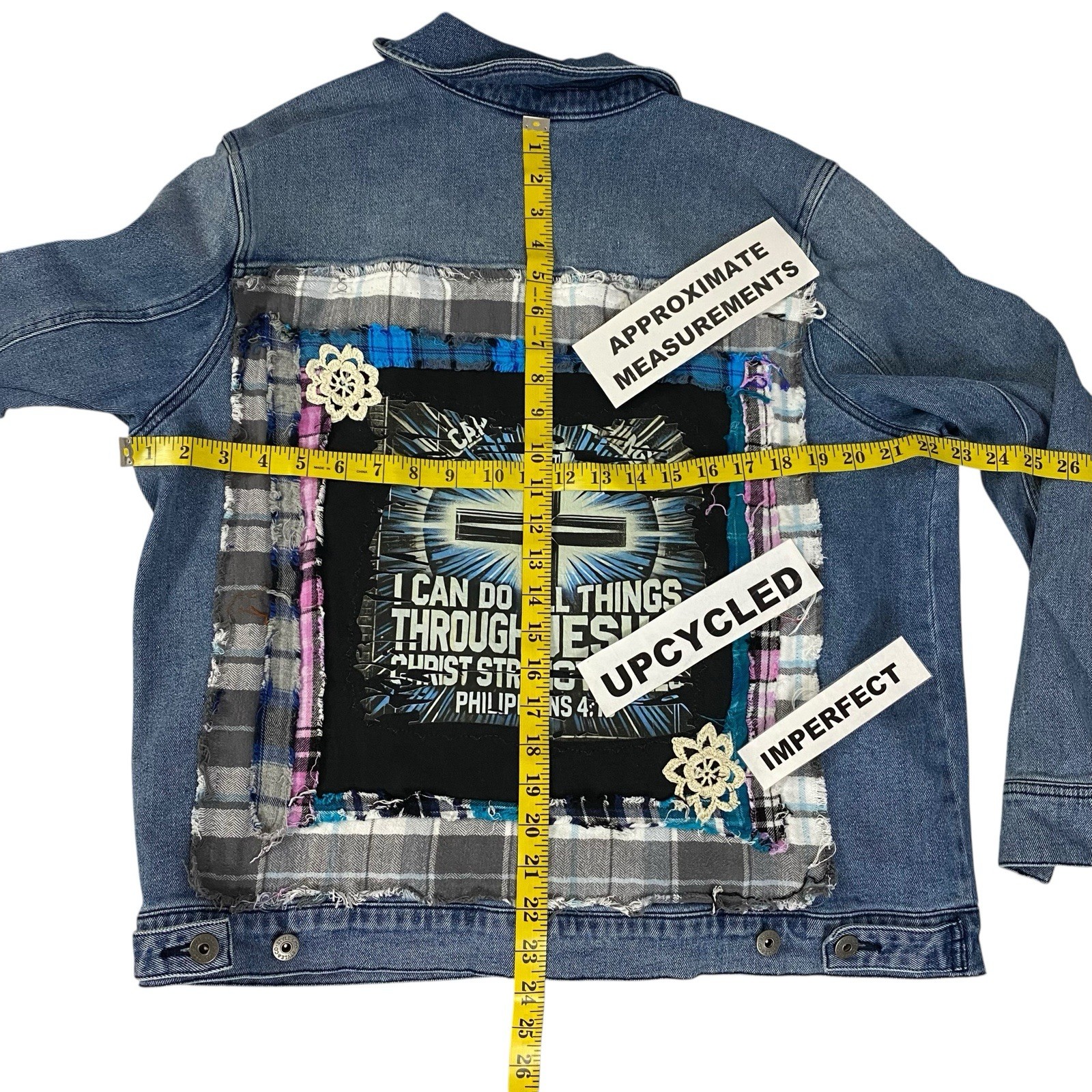Christian Denim Jacket Womens XL Religious Church Pastor Patchwork Art Upcycled