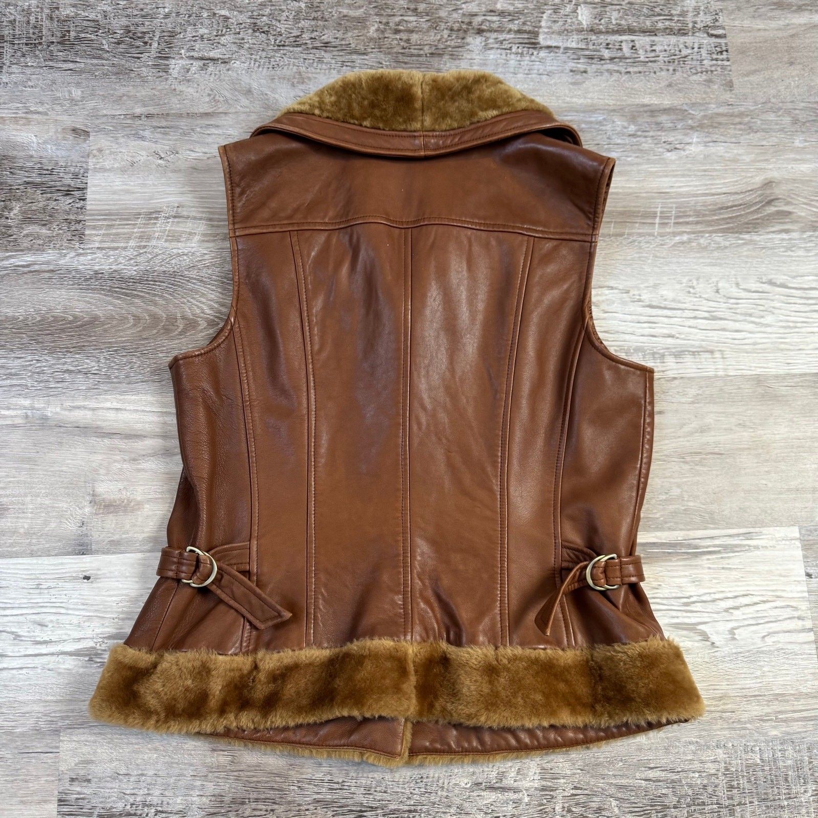 Vintage 90s Dana Buchman Brown Leather Shearling Vest Luxe Mob Wife Small