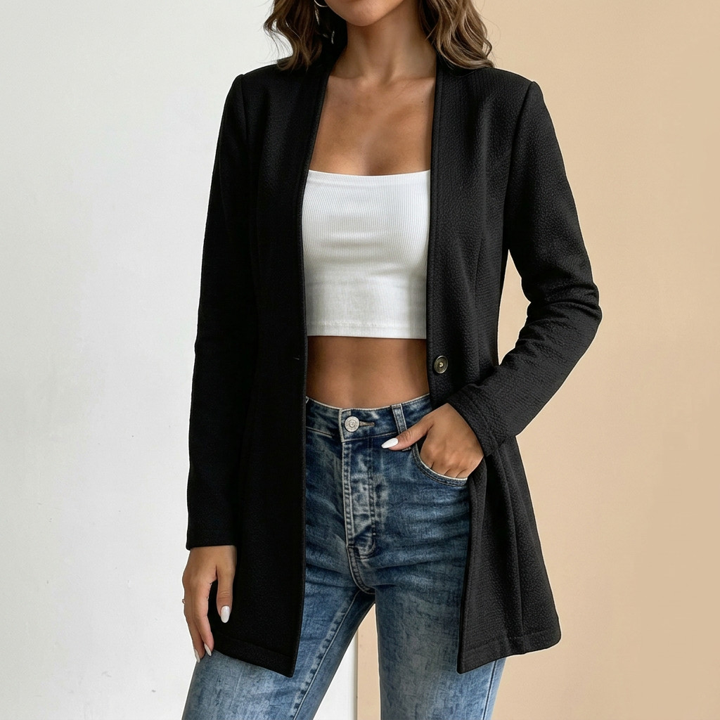 Textured Knit Single-Button Longline Blazer