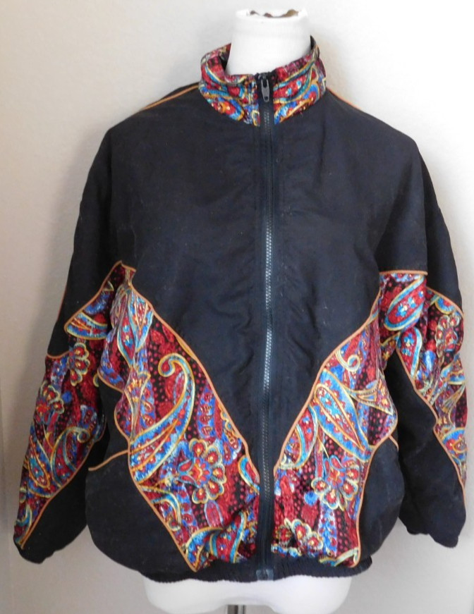 Sport Windbreaker Women’s Jacket Black Colorful Paisly Size S 90’s Y2k VTG