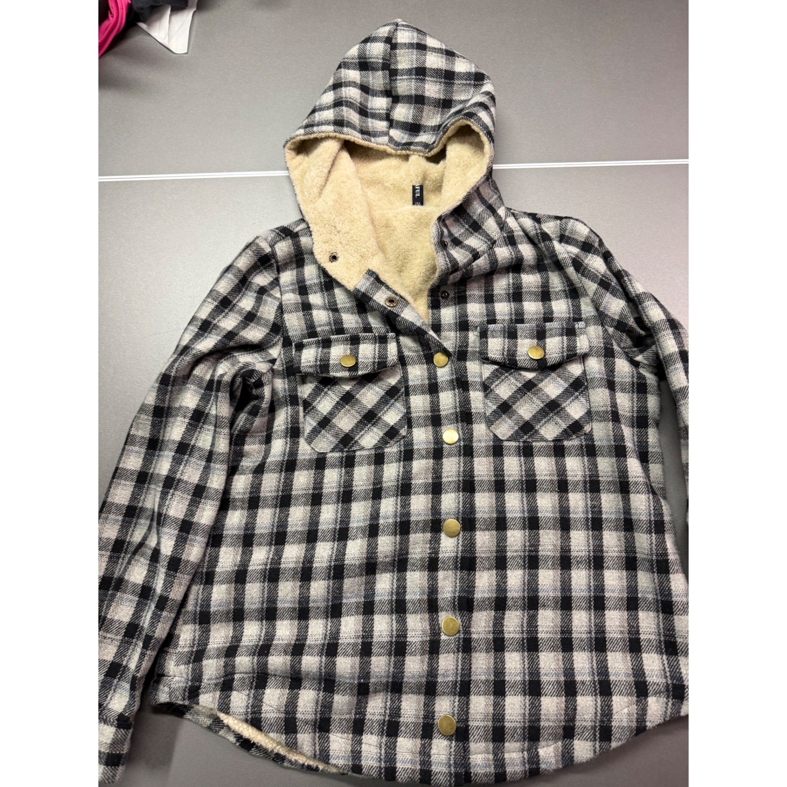 Zaful Sherpa Lined Plaid Hooded Shacket Black White Buffalo Check Flannel Jacket