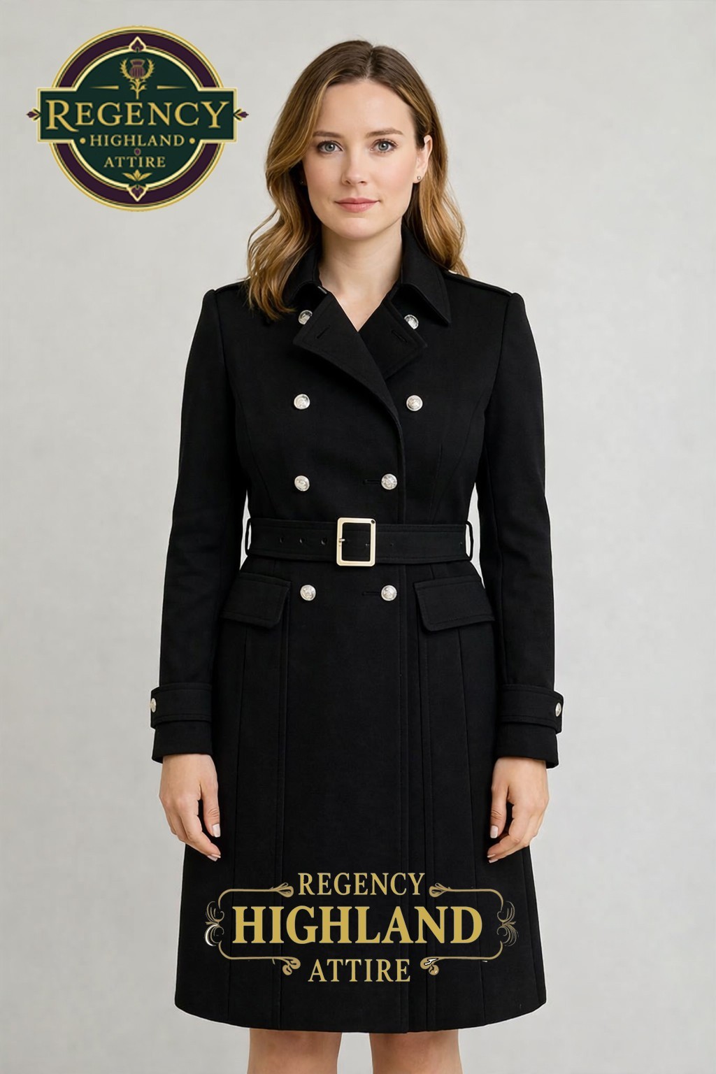Women’s Black Regency Military Coat – Double Breasted Highland Officer Overcoat