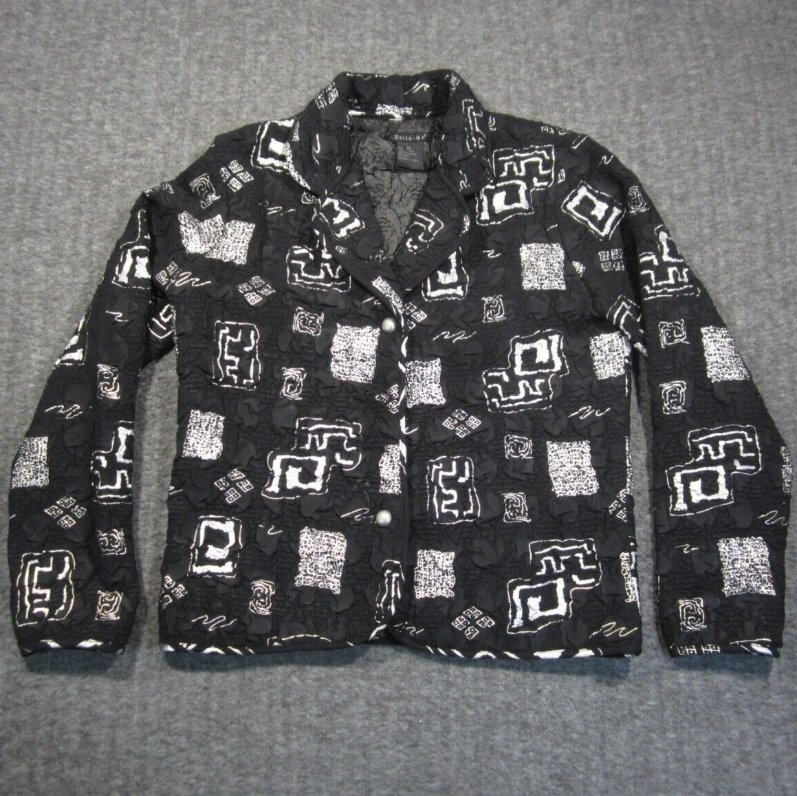 Vtg Tally Ho Jacket M Black Metallic Pearl Button Pop Art Crinkled 90s Y2K Artsy