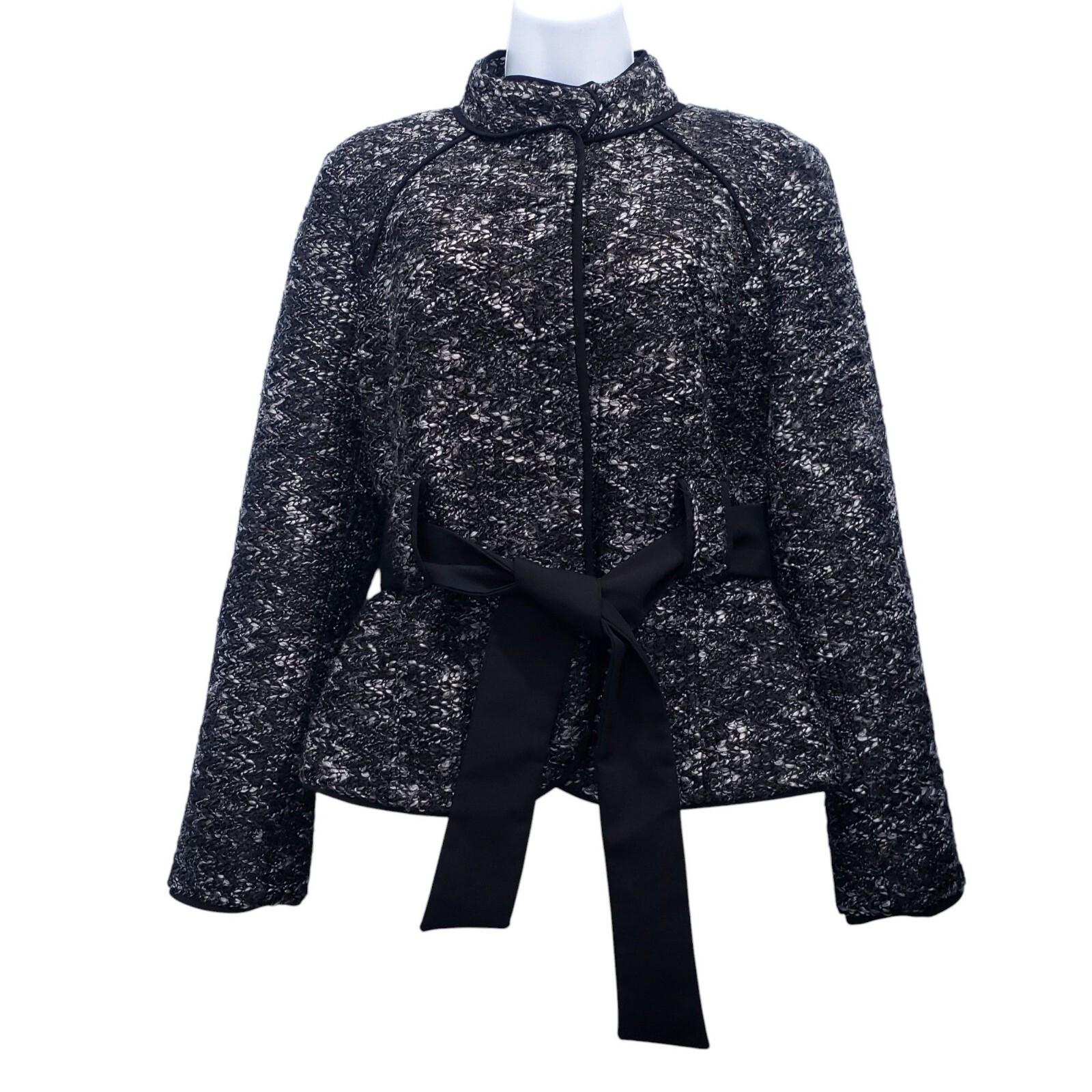 Sandro Sportswear Tweed Blazer Jacket Tie Waist Black Size M Moto Dark Feminine
