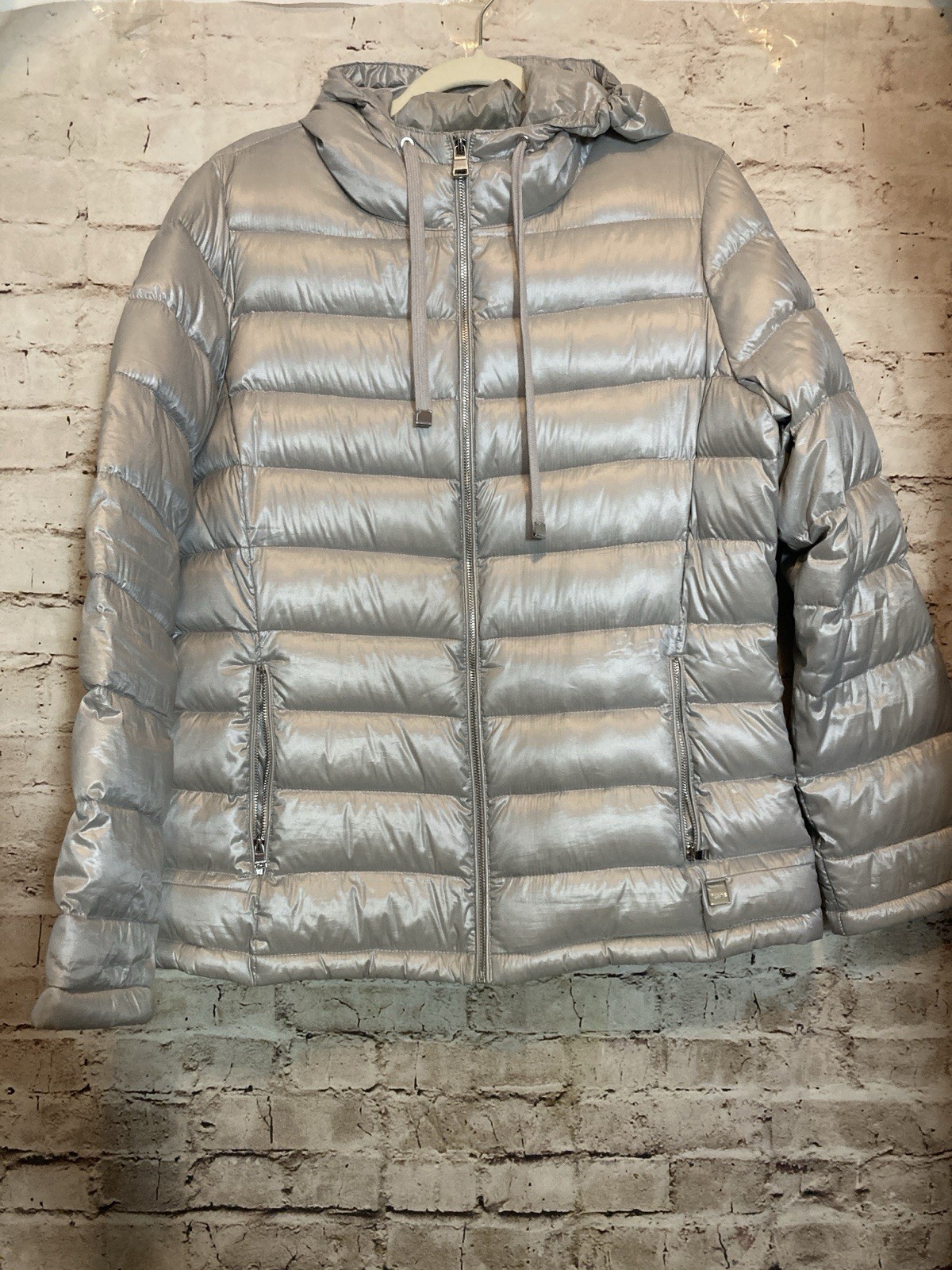 Calvin Klein Puffer Jacket Women Large Silver Hooded Packable Duck Down Zip Up