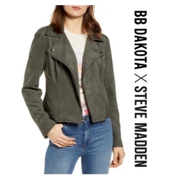 NWT $99 BB DAKOTA BY STEVE MADDEN Women L VEGAN Faux Suede Moto Jacket in Green