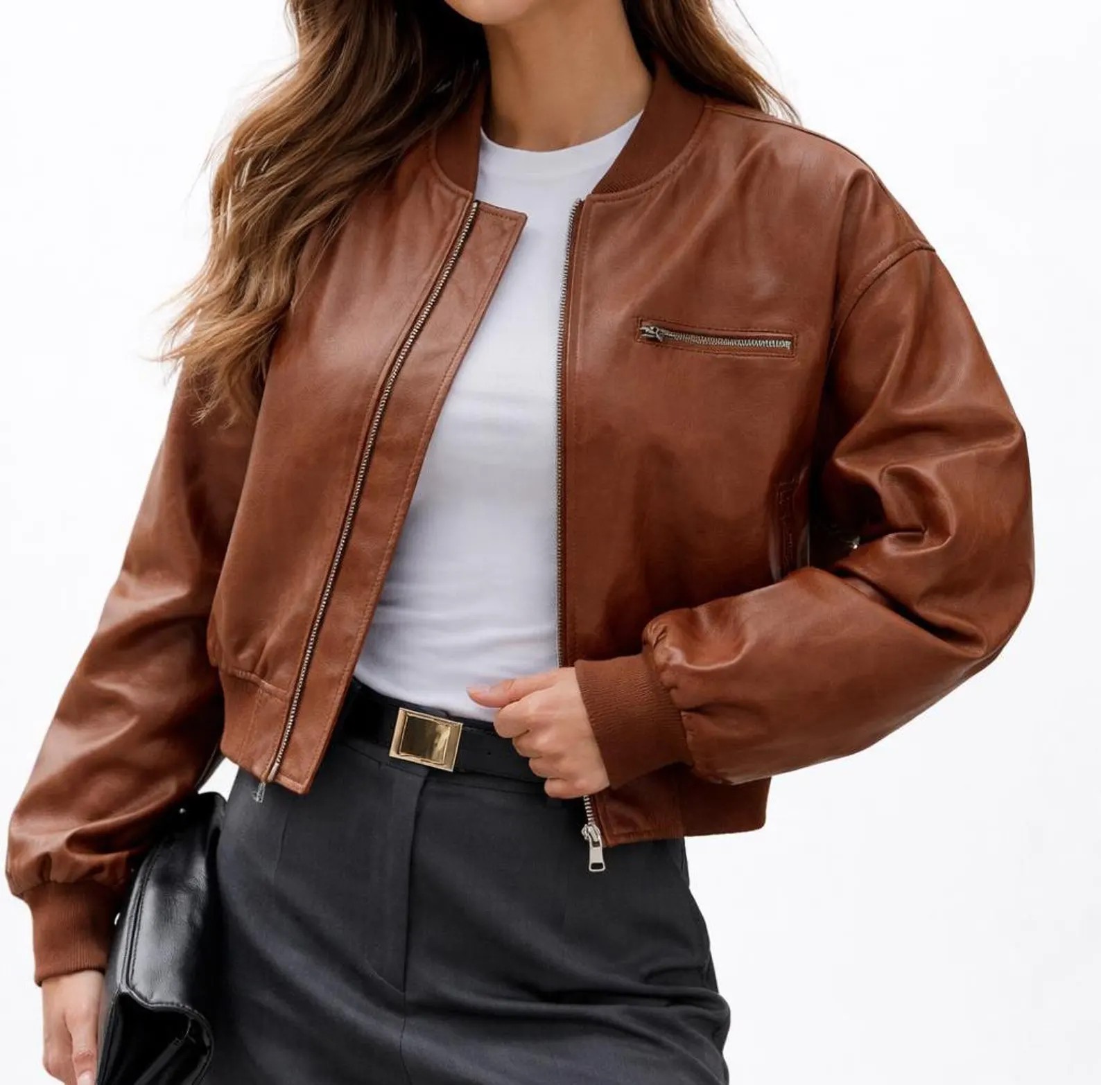 Women Urban Lambskin Leather Bomber Jacket Cropped Aviation Style Coat Handmade