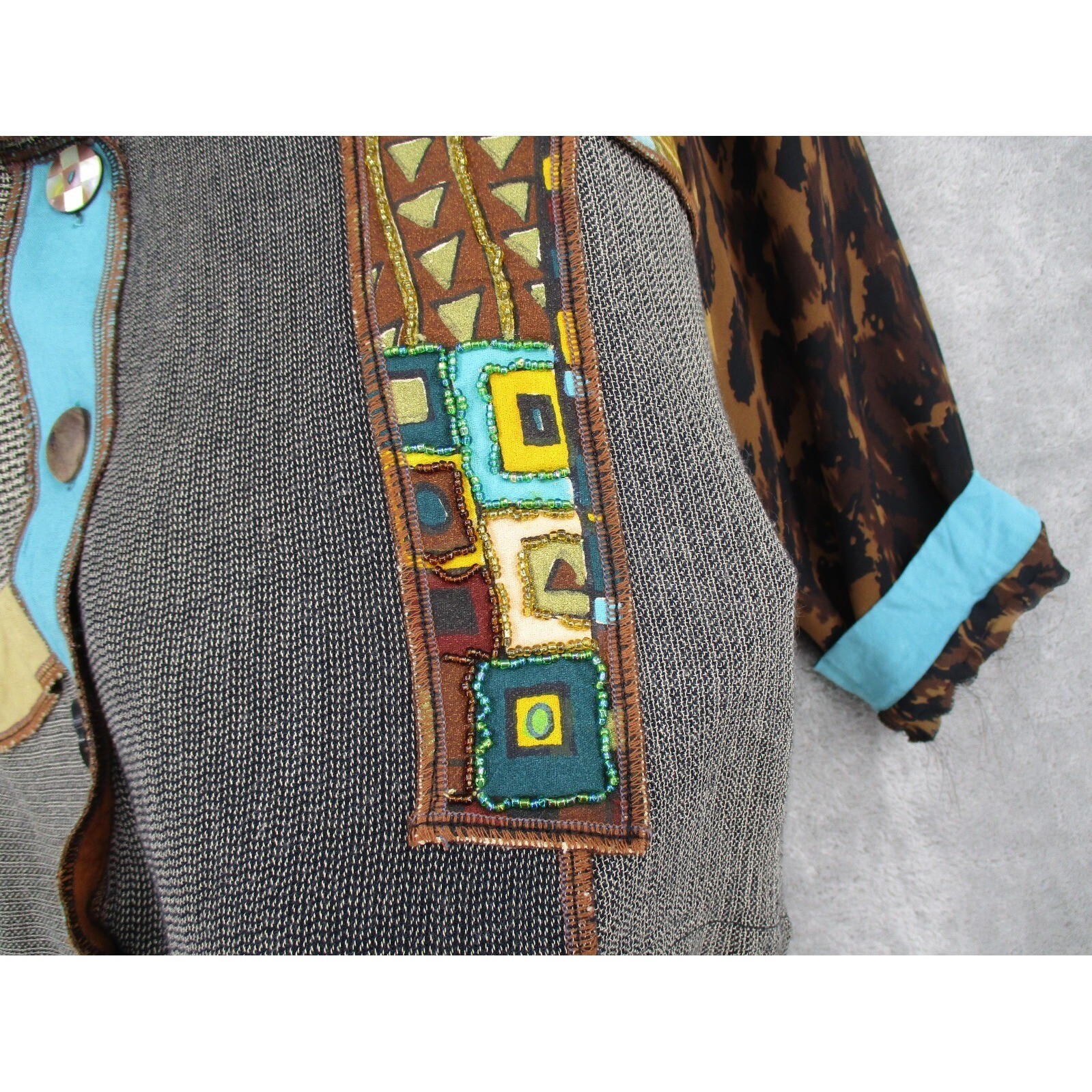Faith Jacket Womens Small Patchwork Beaded Boho Crop Animal Print Art to Wear
