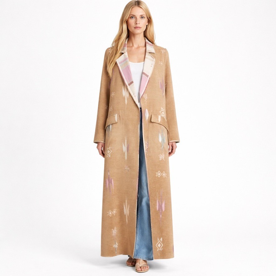 Forte_Forte Jacquard Long Duster Coat Italy Tan Pastel Birds Southwestern 0 XS