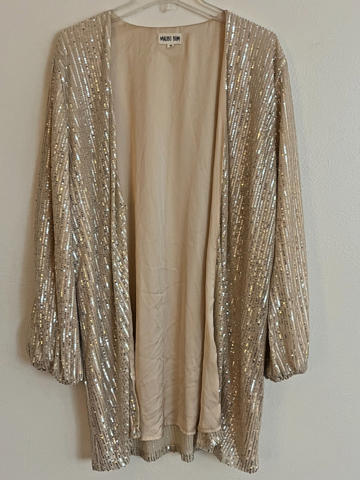 Malibu Bum Gold Champagne Sequin Open Front Lined Duster Size M Dressy Cocktail
