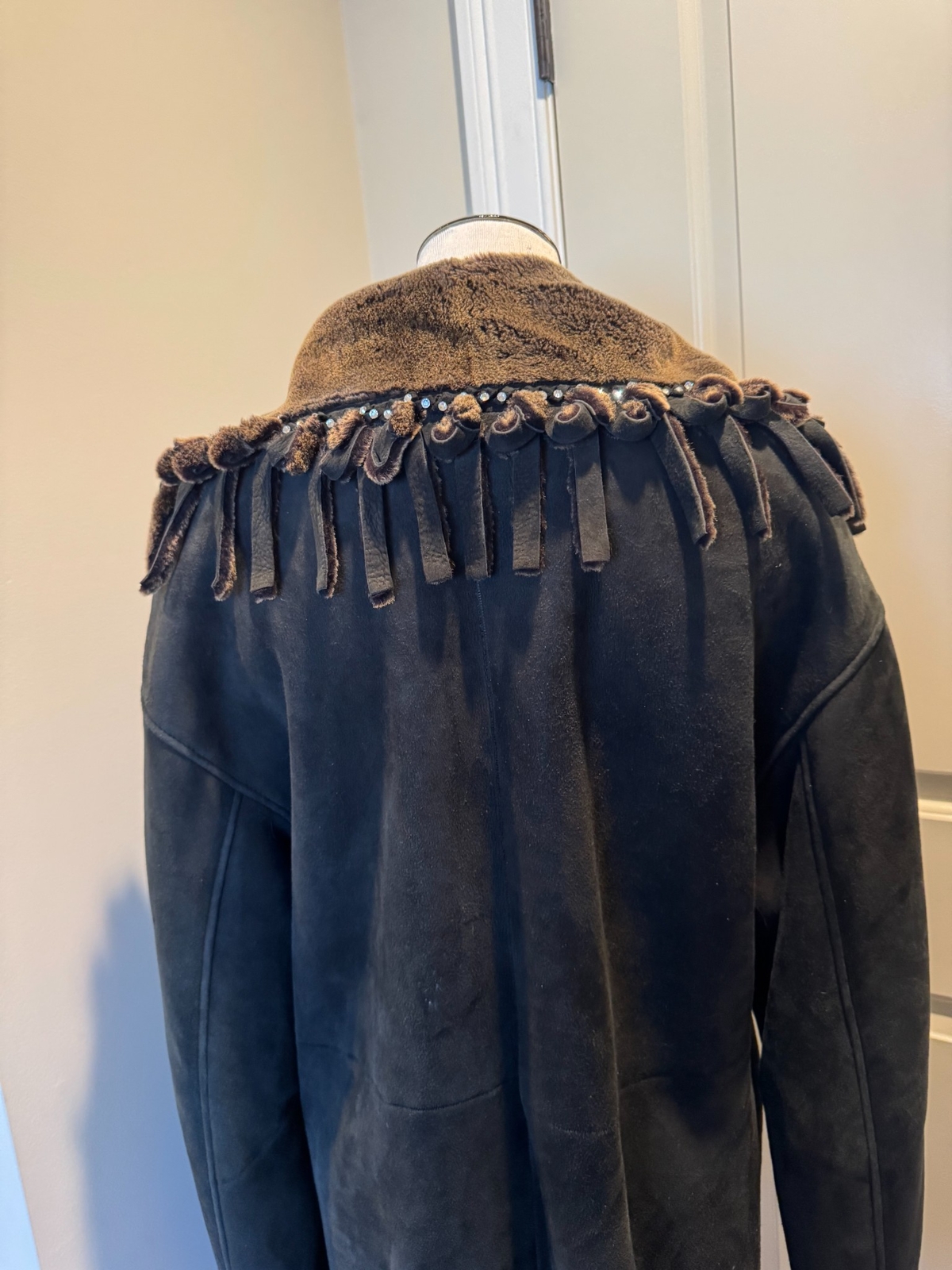 Sinclair Charcoal Gray Suede Shearling Coat Fringes SZ IT 44/US 10 EUC