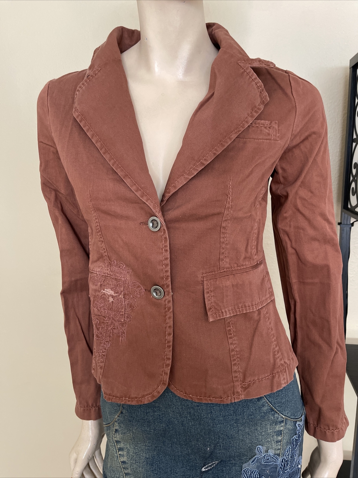 Women’s Brown Cotton Casual Button Metal Embroidered Pocketed Size M Jacket