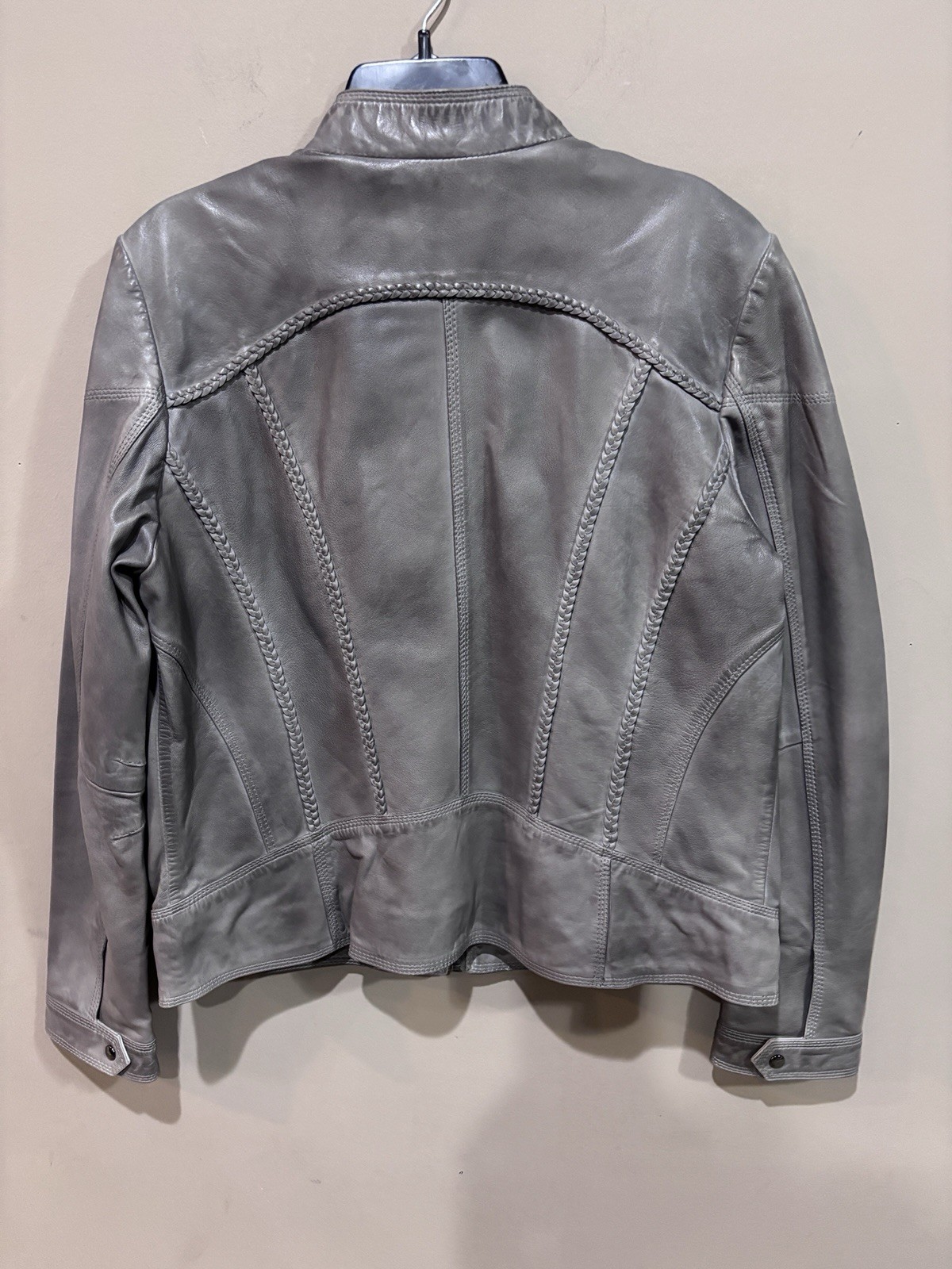 Overland 100% Lamb Leather Jacket Gray Braided Detail Women’s Size L