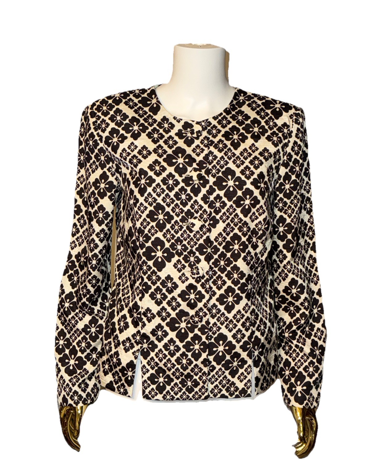 Leslie Fay Womens Vtg Black Cream Floral Geometric Button Front Jacket Size 10