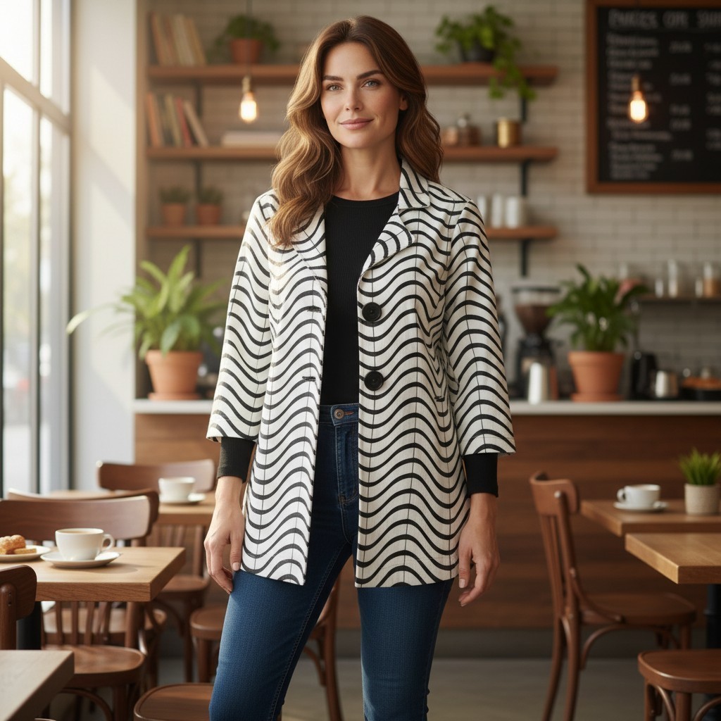 YUSHI Multiples Faux Leather Sheer Striped Swing Jacket Black/White X-Large