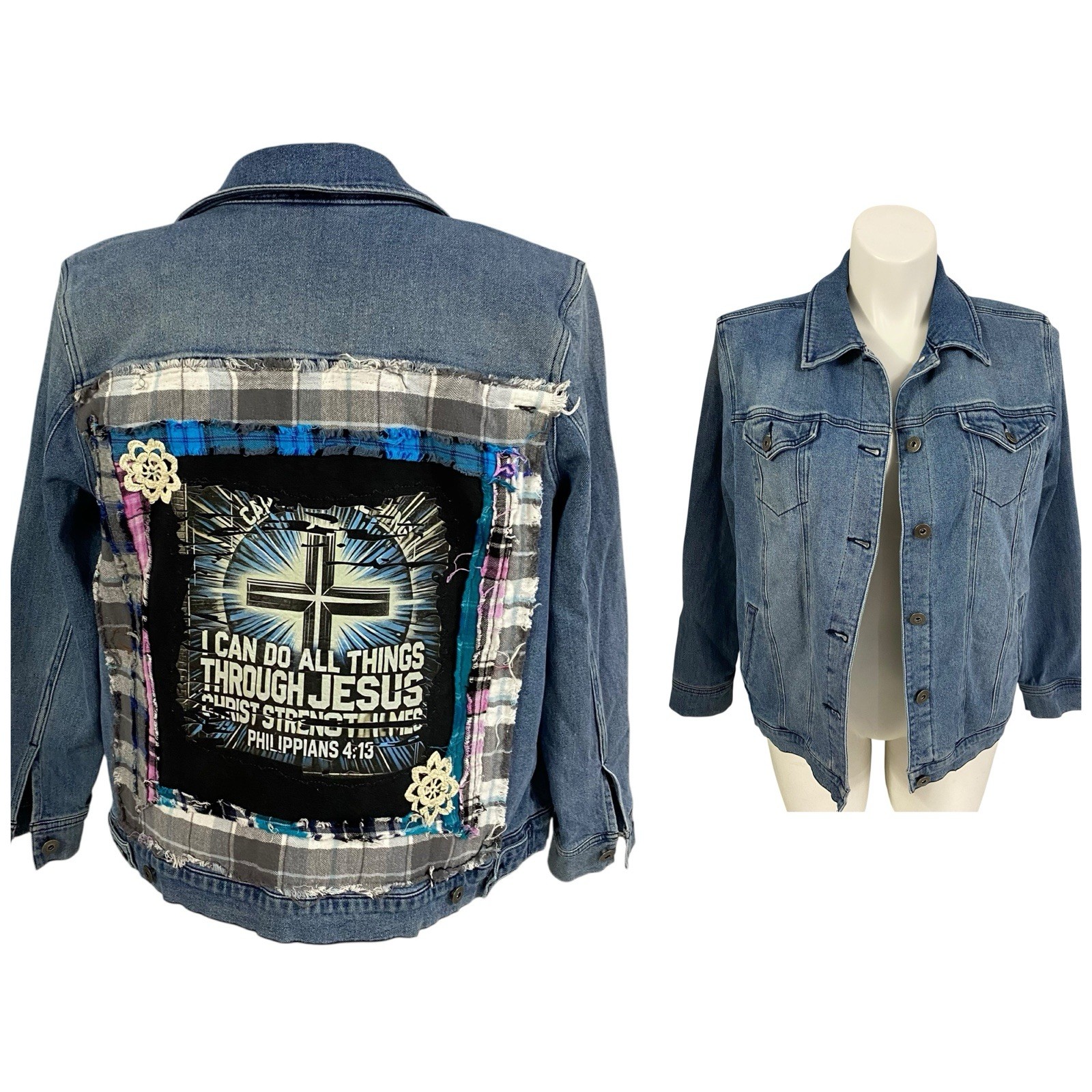 Christian Denim Jacket Womens XL Religious Church Pastor Patchwork Art Upcycled