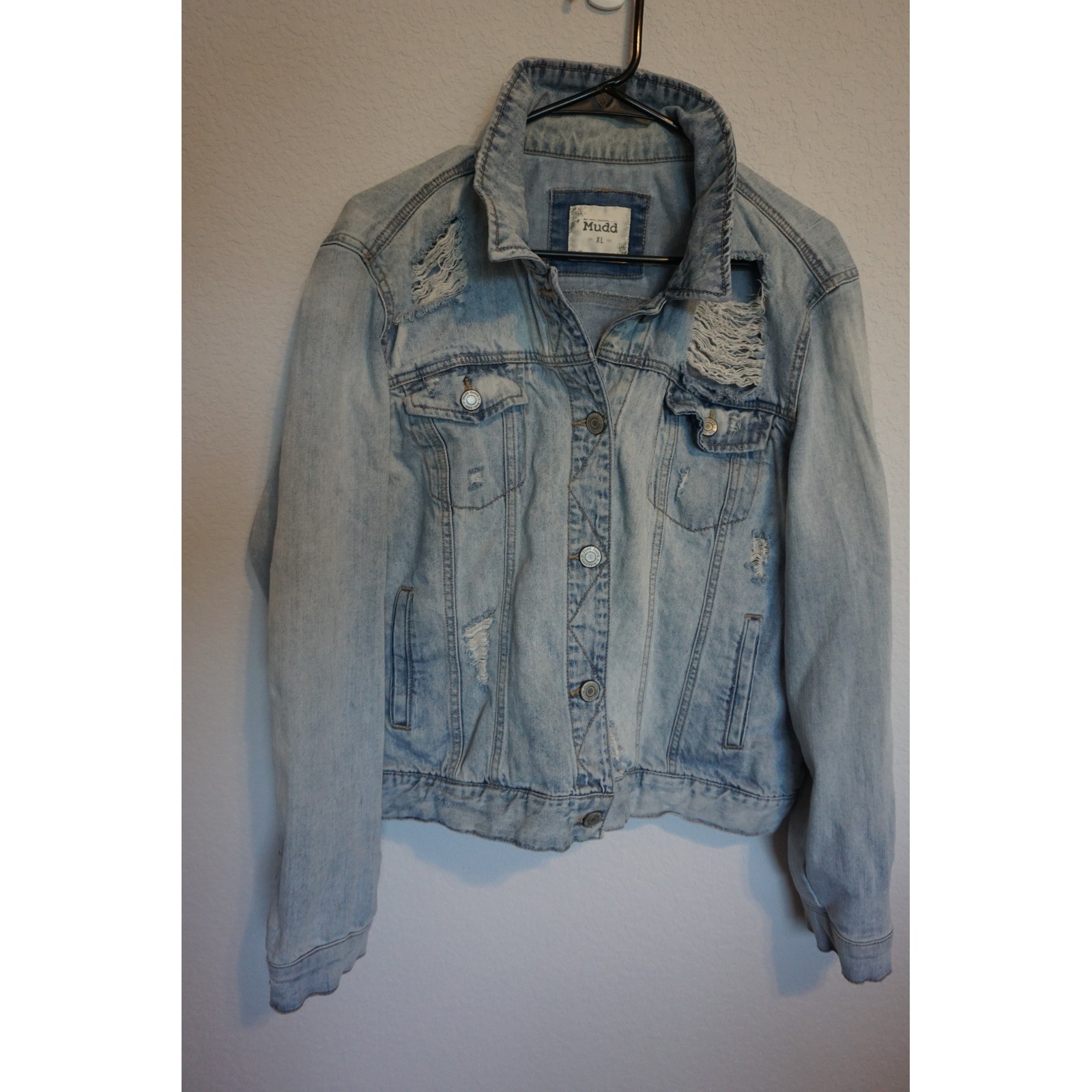 Mudd Womens Light Wash Distressed Denim Jacket Blue Jean XL KC.688