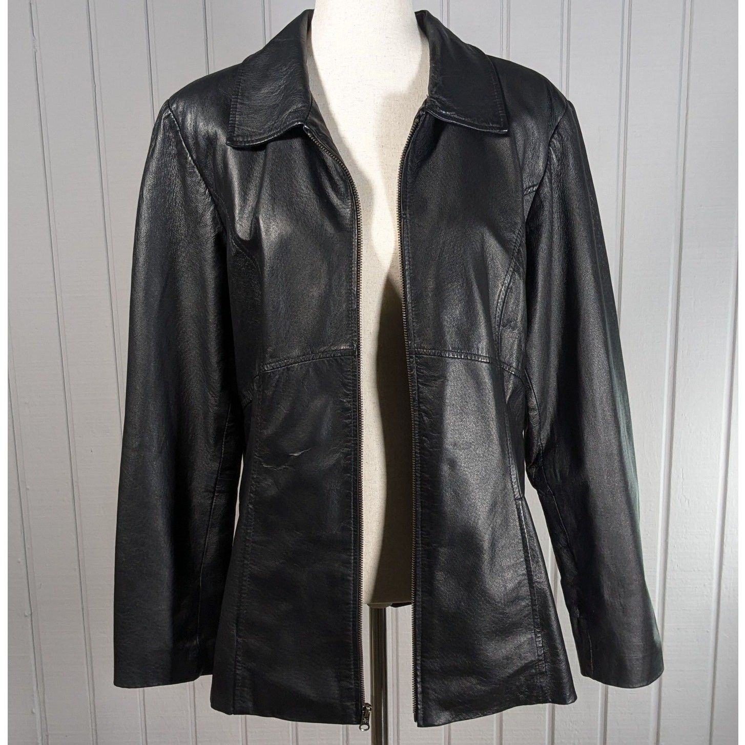 Jacqueline Ferrar 100% Genuine Leather Black Zip Up Collared Jacket Women Medium