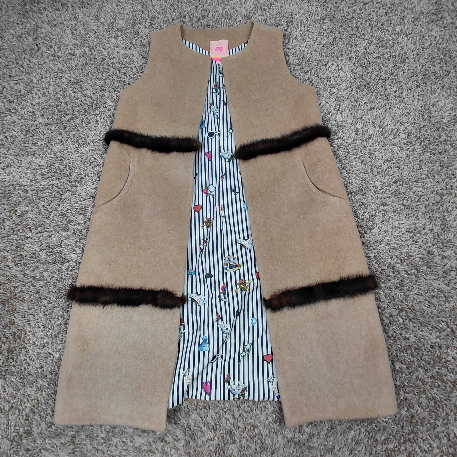 Vilagallo Long Wool Blend Vest Womens Size 40 Camel Beige Faux Fur Made In Spain