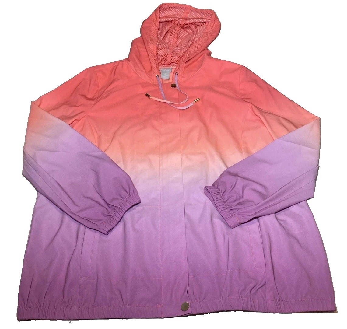 Chicos Zenergy Windbreaker Jacket Hood Summer Full Zip Ombre Pink Purple 12-14