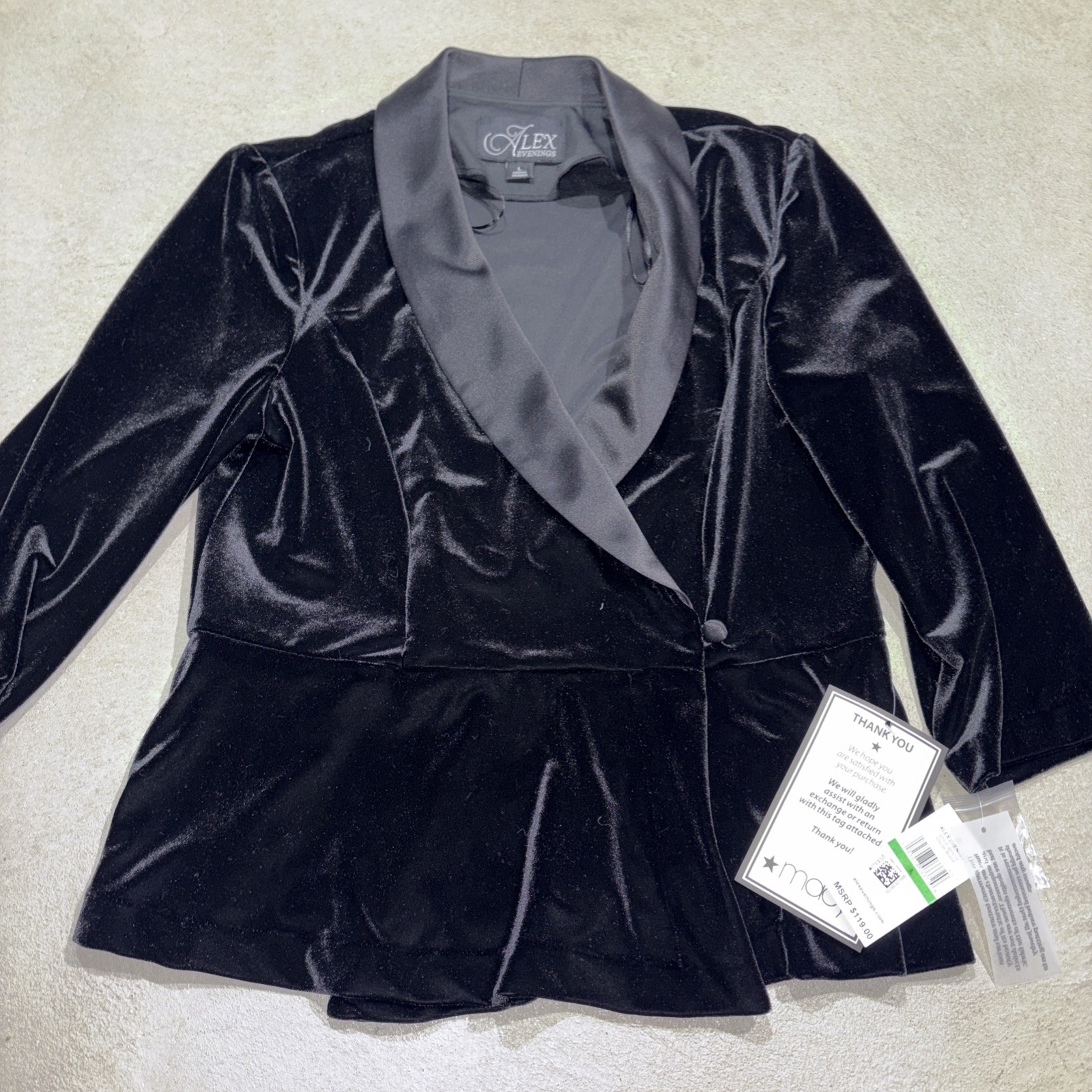 NWT Alex Evenings Velvet Jacket Black Sz Large MSRP $119 New