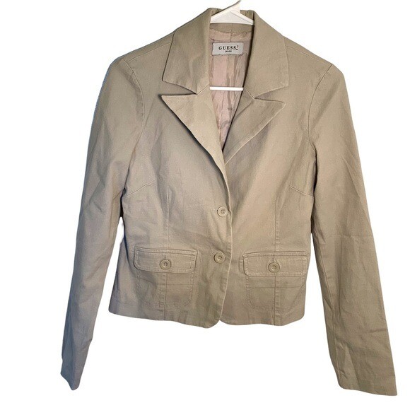 Guess Jeans Women’s Size Large 2 Button Blazer Beige Pockets Lined Stretch Ramie