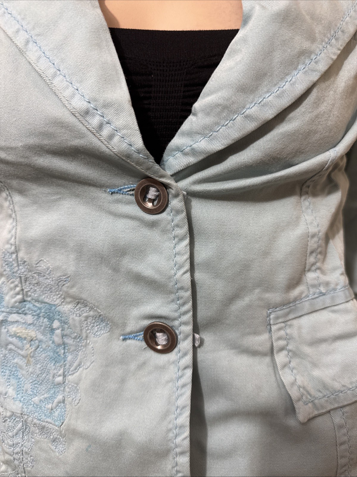 Women’s Sky Blue Cotton Casual Slim Vintage Embroidered Buttons Size S Blazer