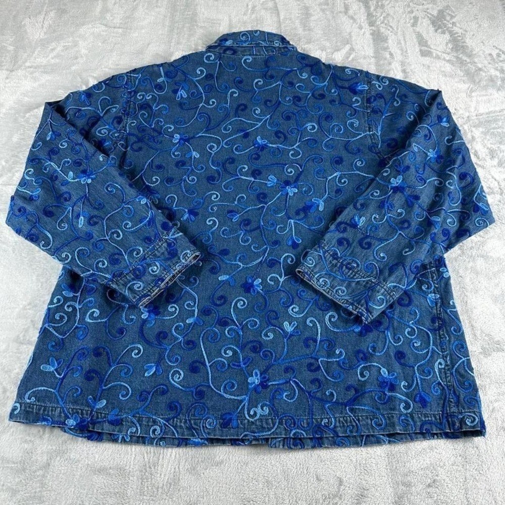 April Cornell Denim Jacket Women L Blue Embroidered Cotton Boho Cottagecore Art
