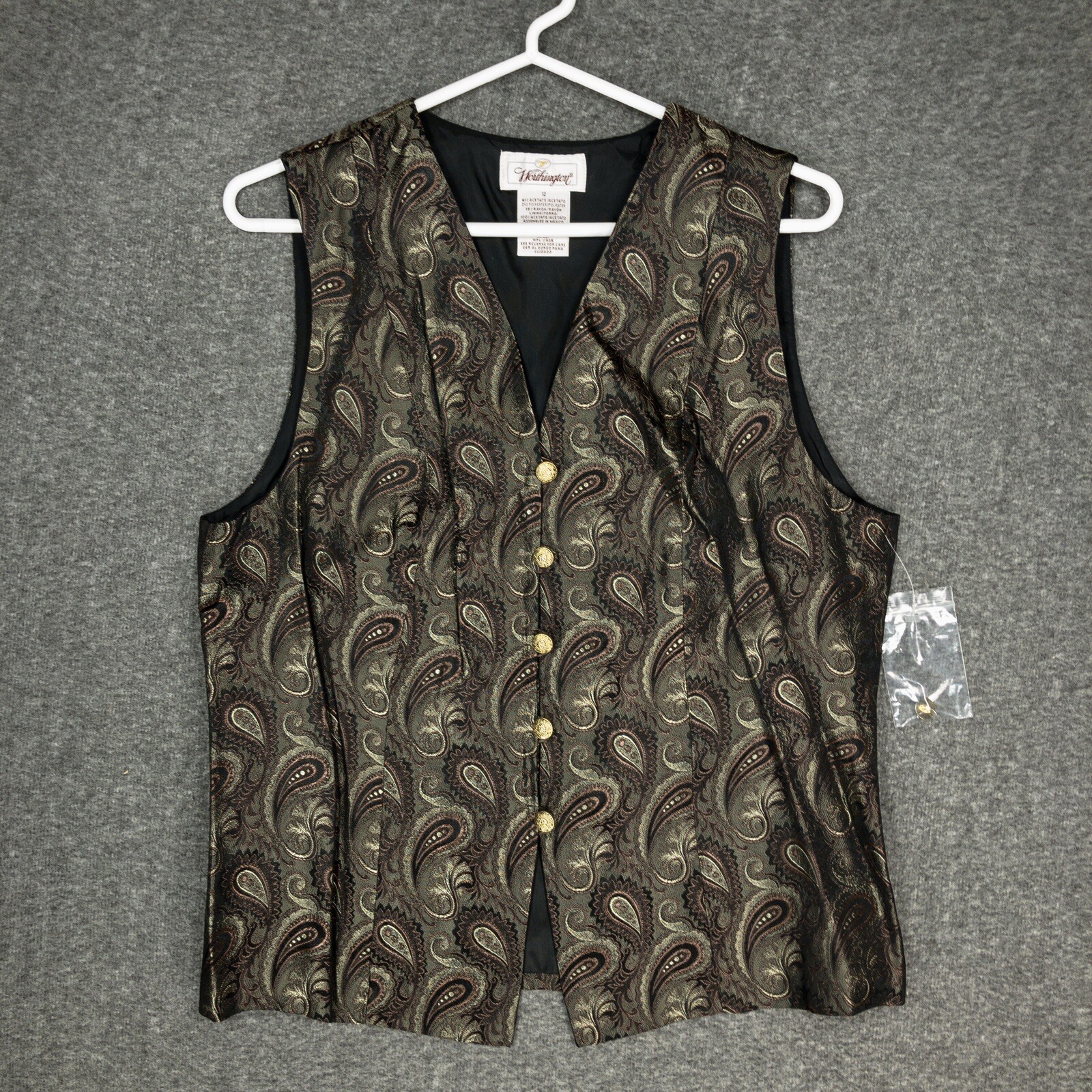 Vintage 90s Worthington Vest Women’s 12 Paisley Print Gold Metallic Button Front
