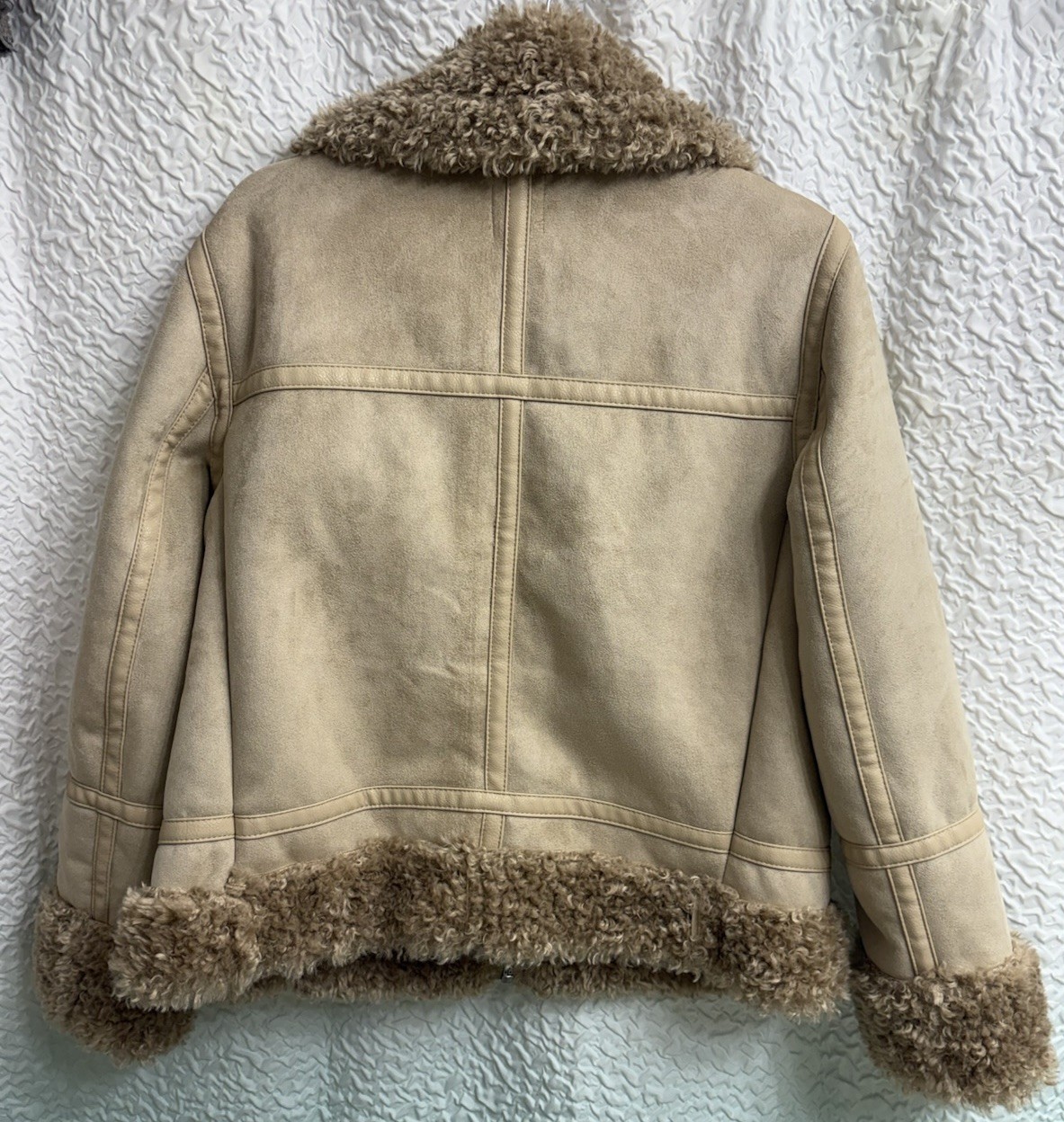 H&M Women SZ M Faux Suede Shearling Lined Aviator Jacket Tan Sherpa Biker Coat