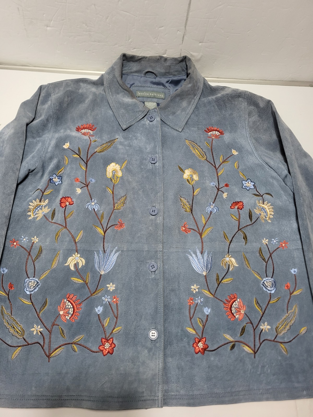 Jessica Holbrook Womens Floral Blue Leather Lined Career Blazer Jacket XL