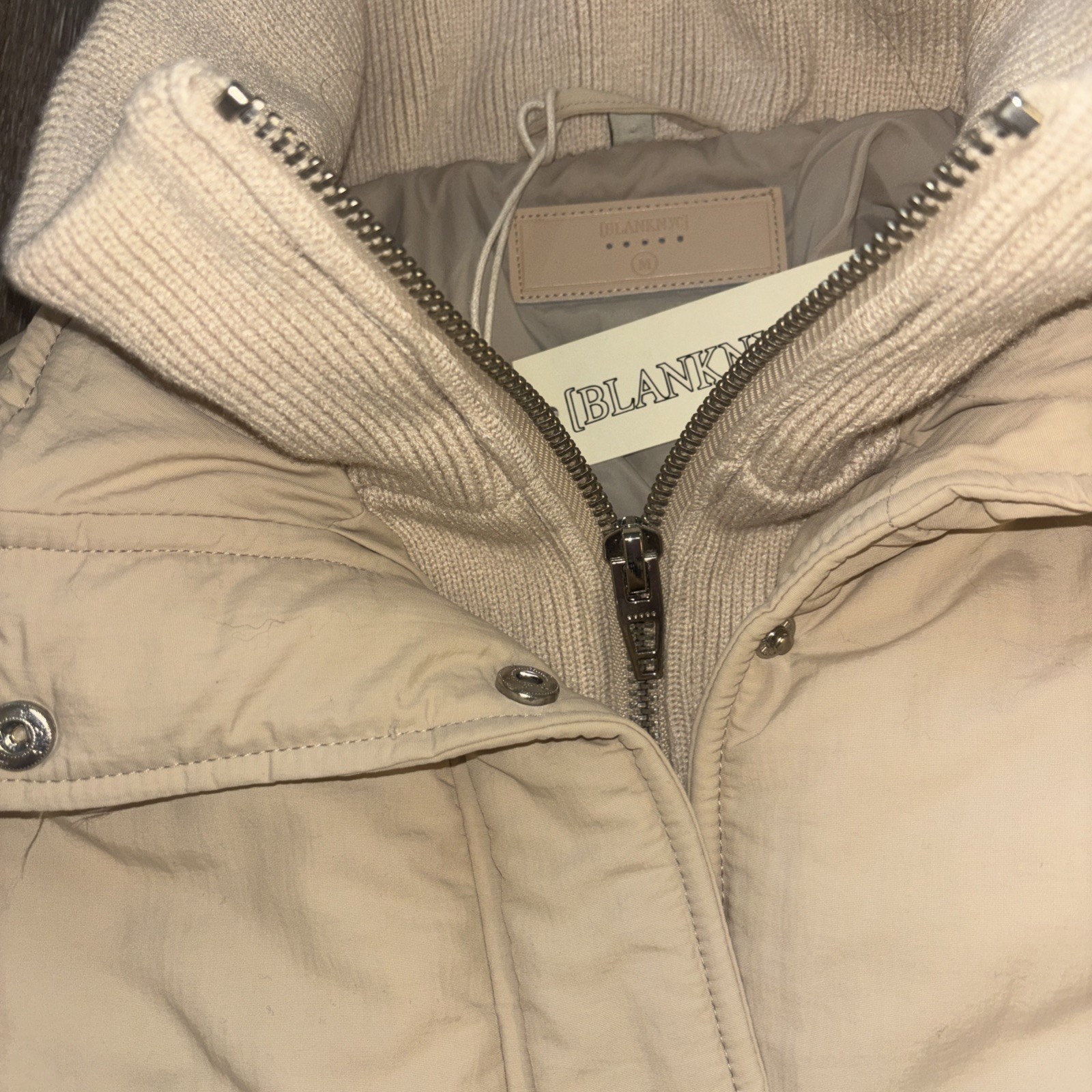 BLANKNYC Sz M Coat Jacket Moto Beige Naturals Boho Layered Pockets Zipper Button