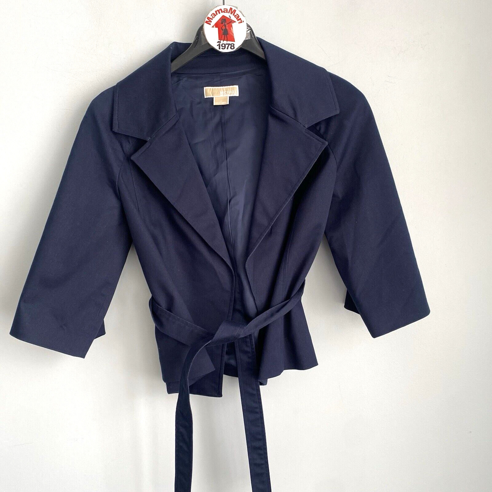 MICHAEL Michael Kors Navy Blue Open Front Short Jacket Size L Tie Waist Belt