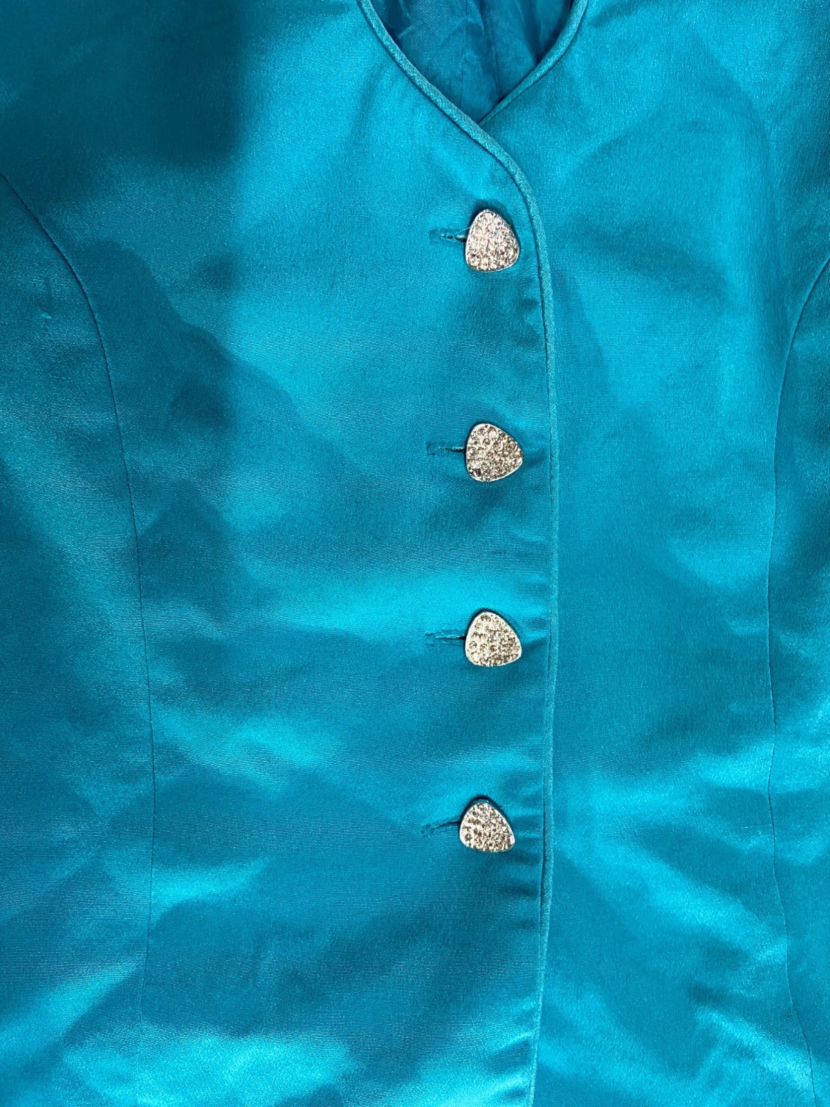 Vintage Rimini by Shaw Silk Blazer Size 6 Teal Rhinestone Buttons Elegant Y2K