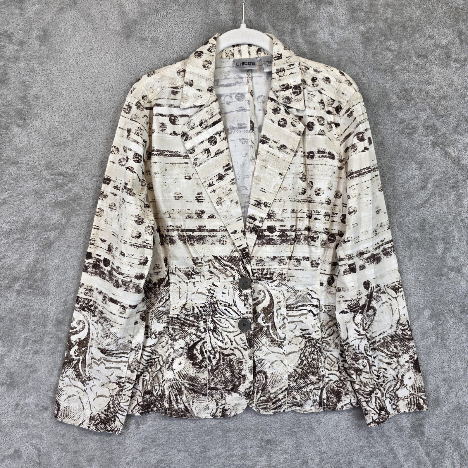Chicos Blazer Jacket Womens Size 1 M Beige Brown Floral Print Stretch Cotton