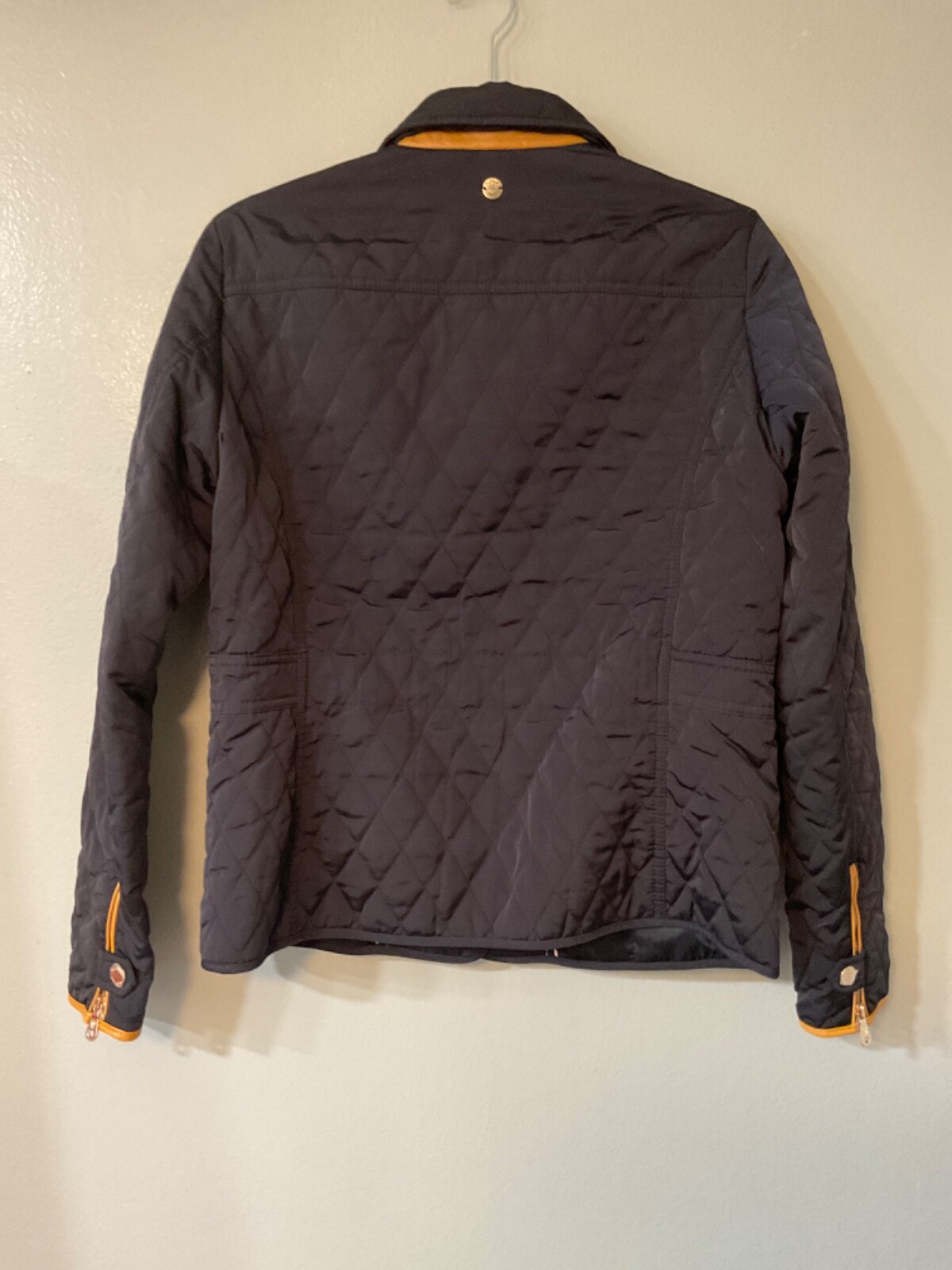 Massimo Dutti Dark Navy Blue Quilted Jacket Leather Trim Sz L