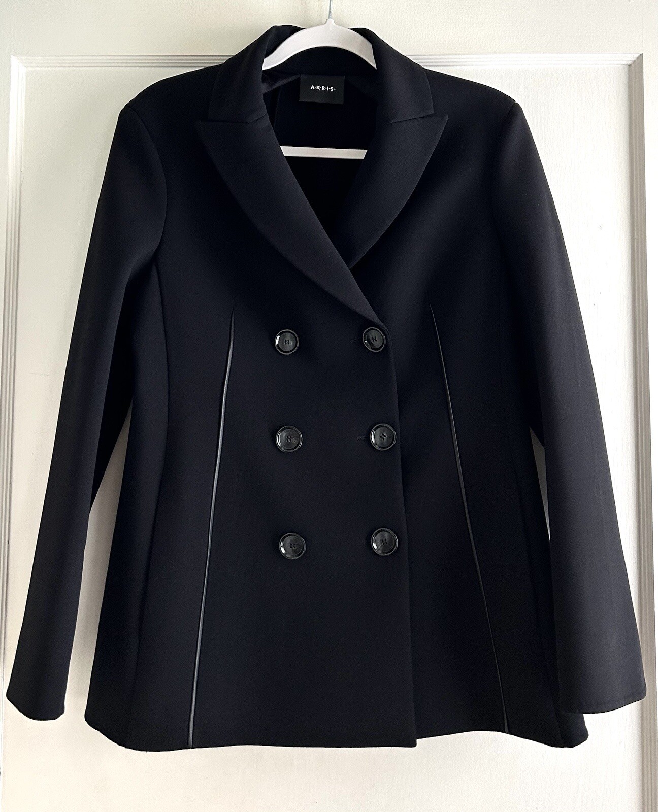 NEW $3.9K Akris Black Wool Leather Double Breasted Blazer Jacket Coat Size 8 44